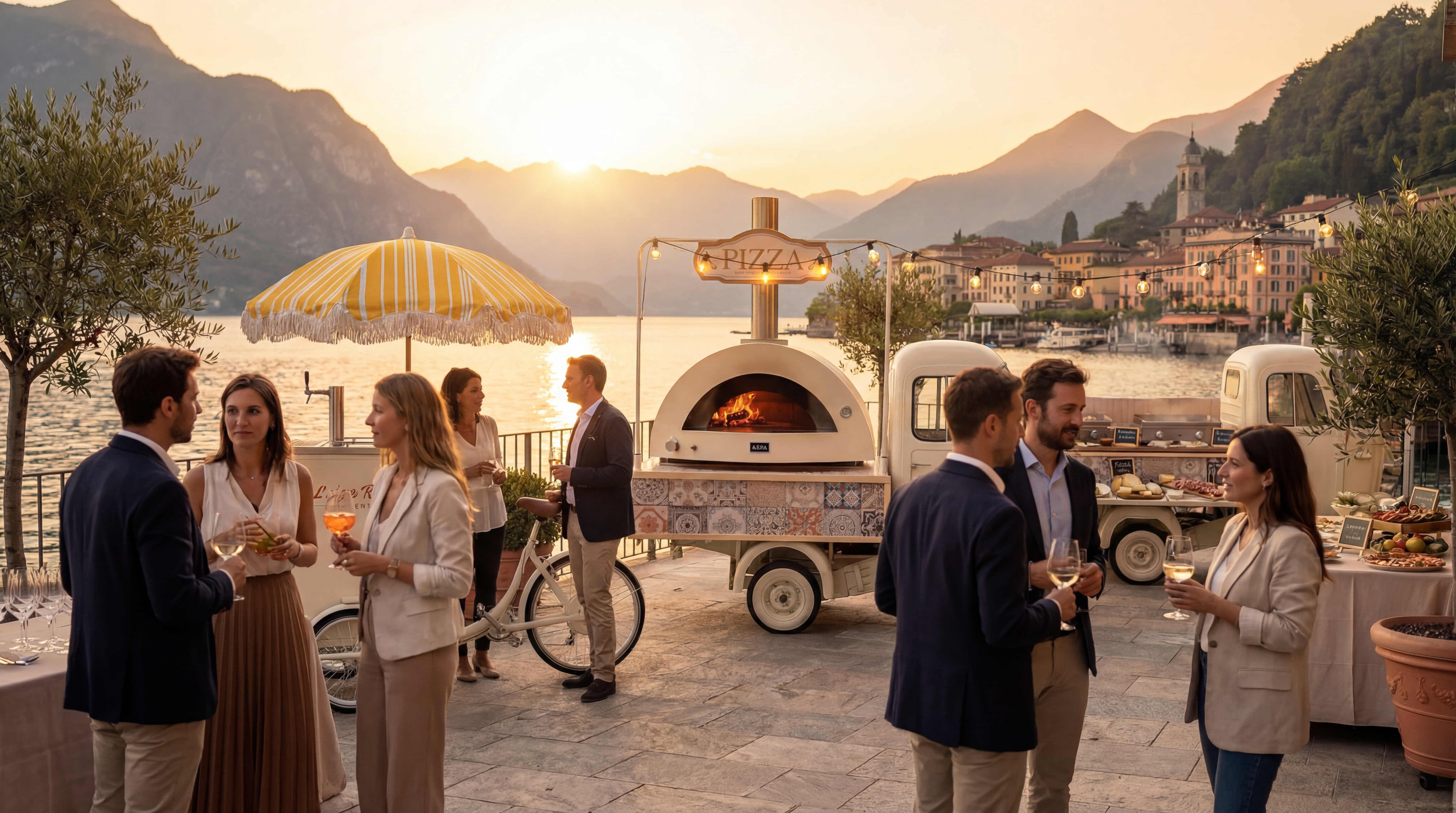 Aperitivo con forno pizza e Apecar al tramonto sul lago