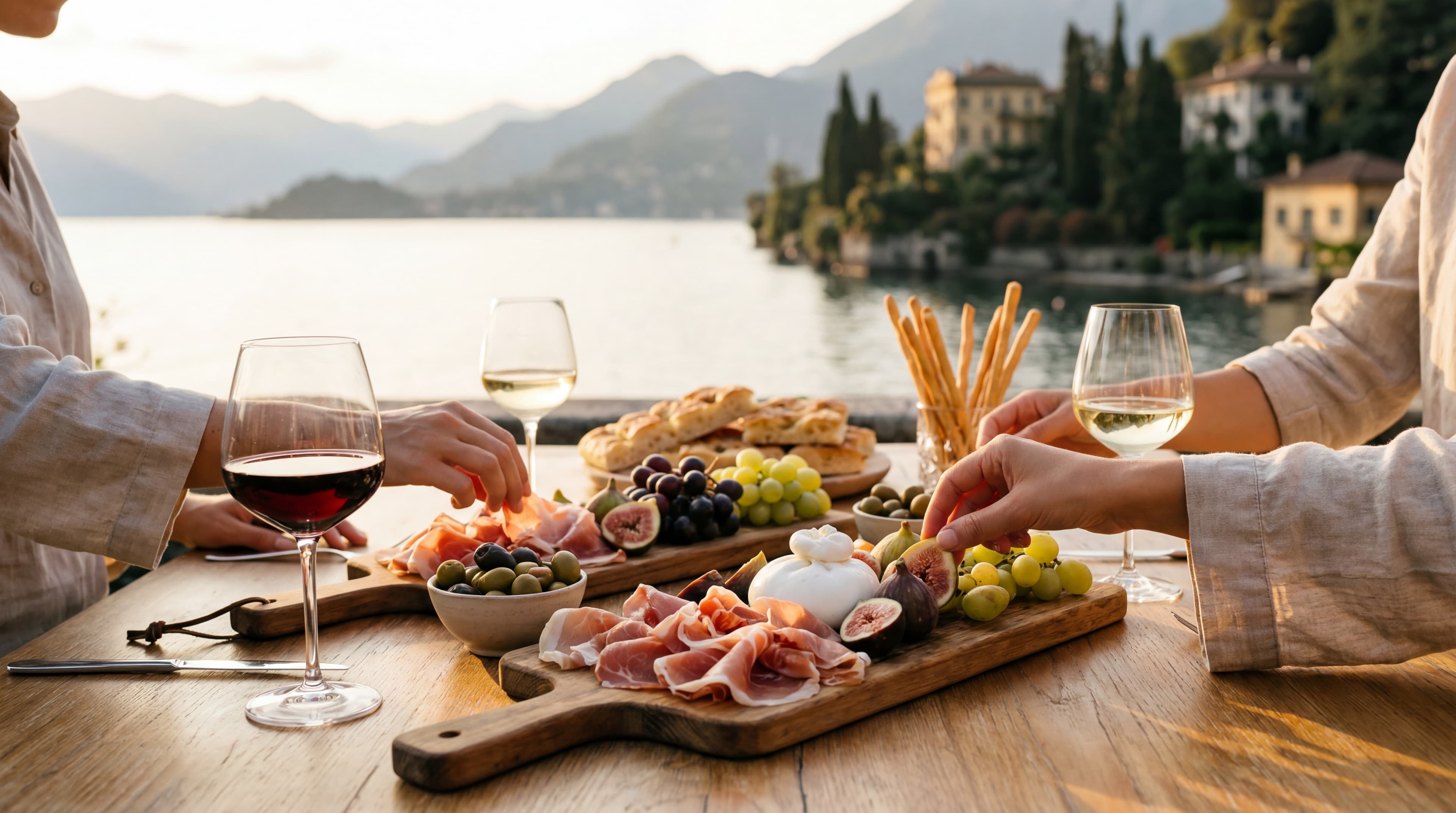 Tagliere salumi e formaggi vista lago con villa