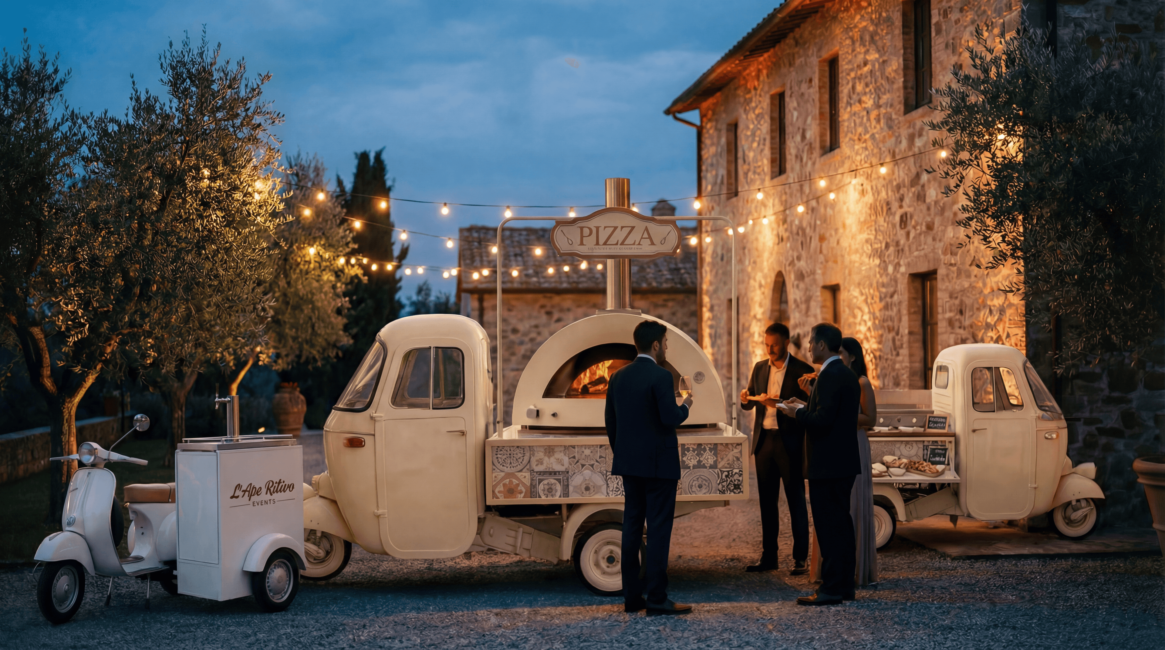 Flotta food truck L'Ape Ritivo Events in villa con forno pizza e Vespa Sidecar