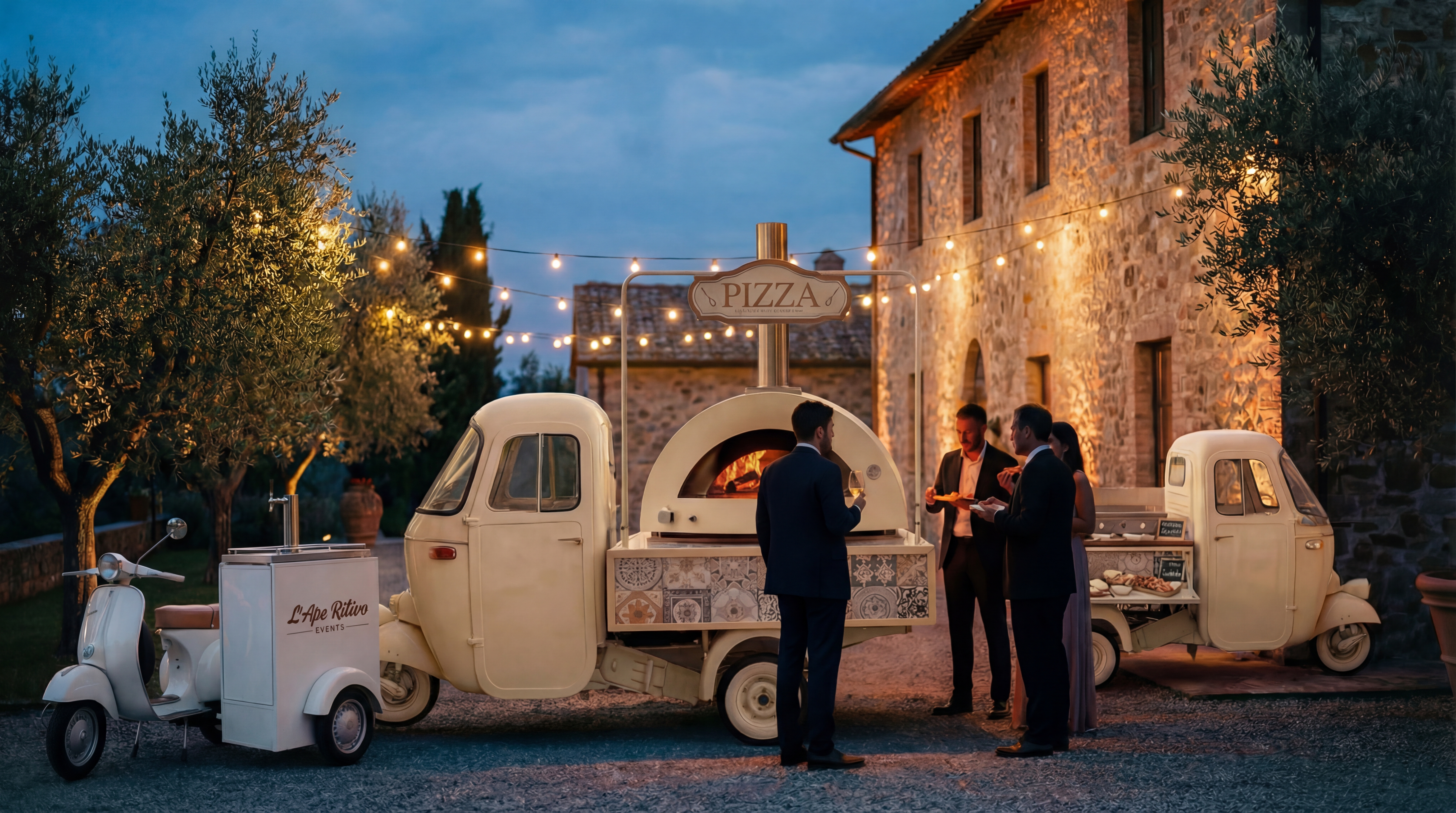 Flotta food truck L'Ape Ritivo Events in villa con forno pizza e Vespa Sidecar