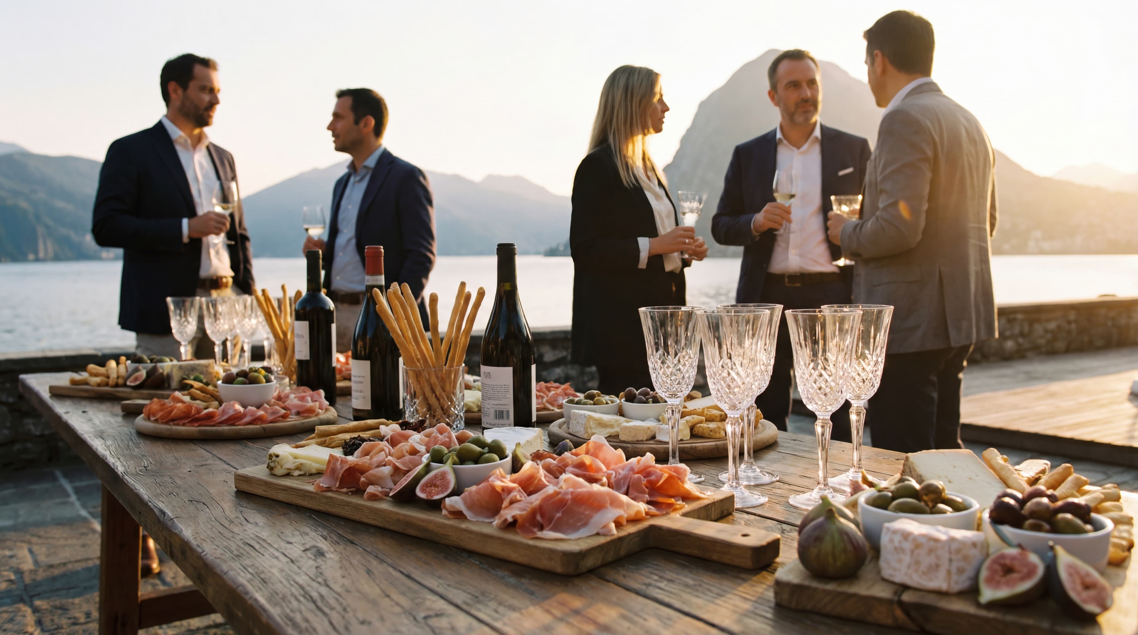 Aperitivo corporate con taglieri vista lago Lugano