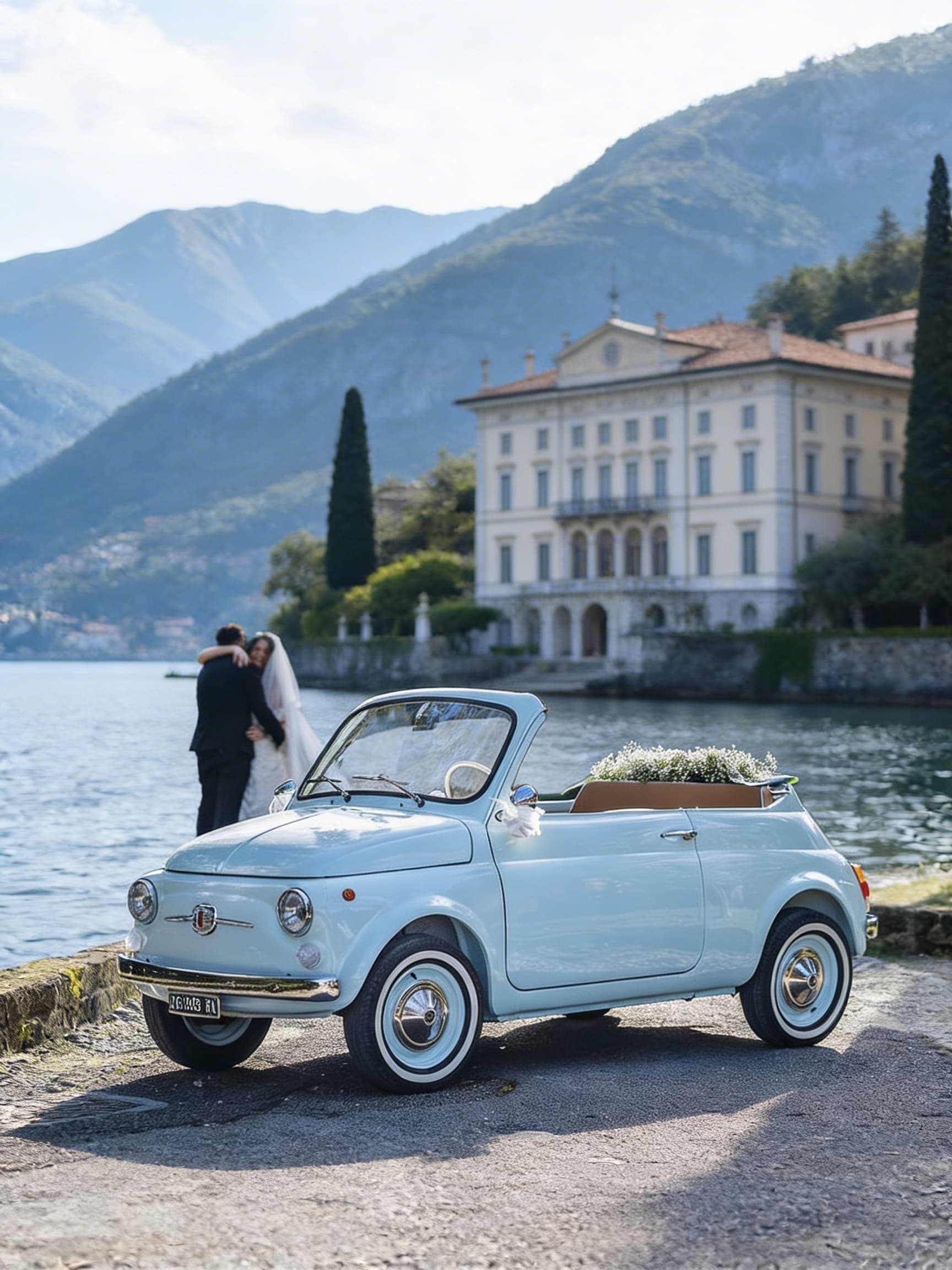 Fiat 500 Spiaggina con sposi sul Lago di Como e villa storica