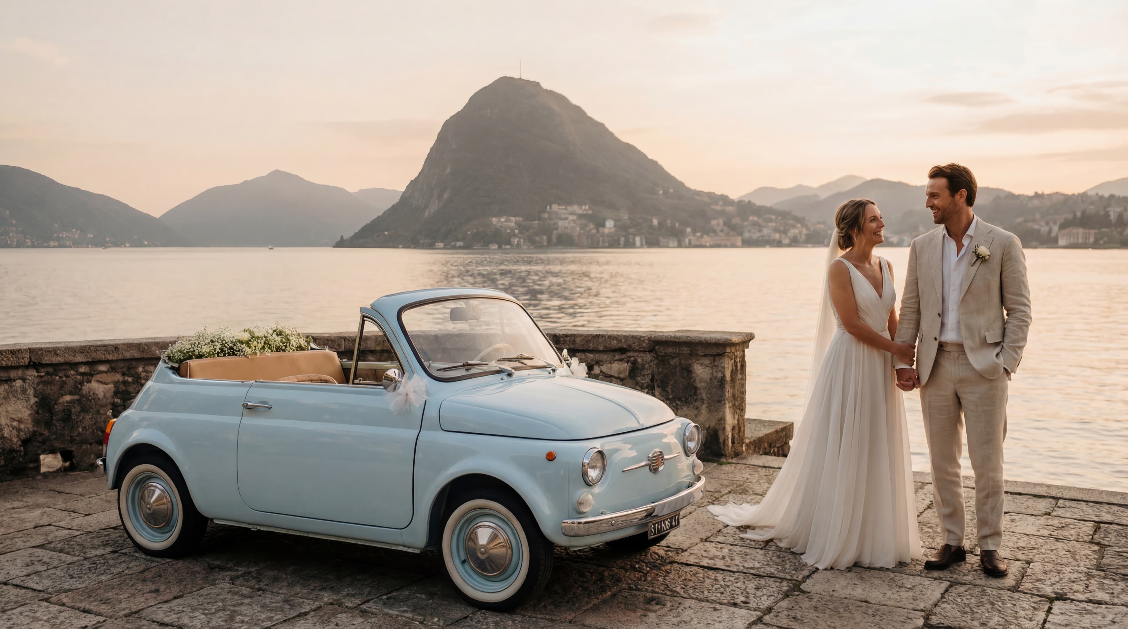 Sposi con Fiat 500 Spiaggina vista Monte San Salvatore Lugano