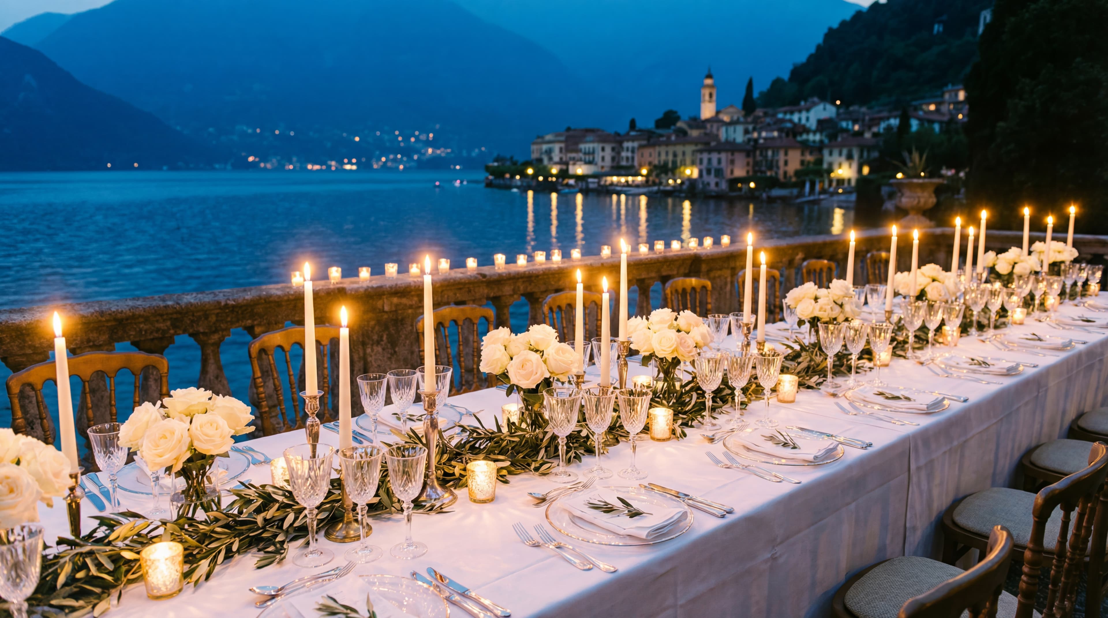 Tavola elegante con candele vista lago